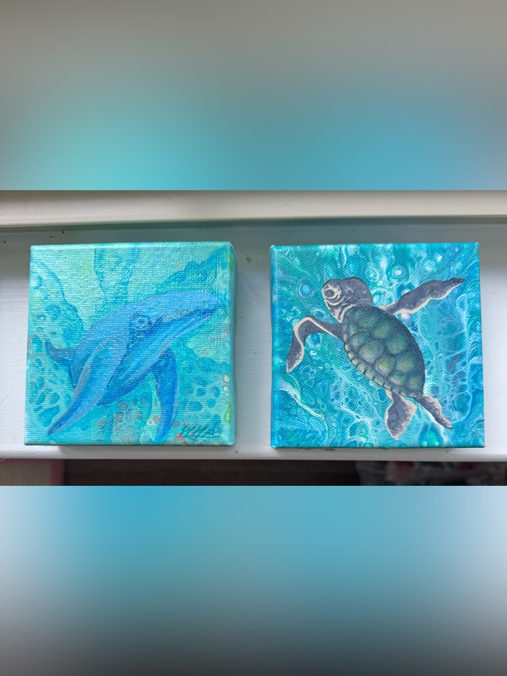 Handmade Turquoise Sea Life Canvas Art - Small Turtle & Whale Pair